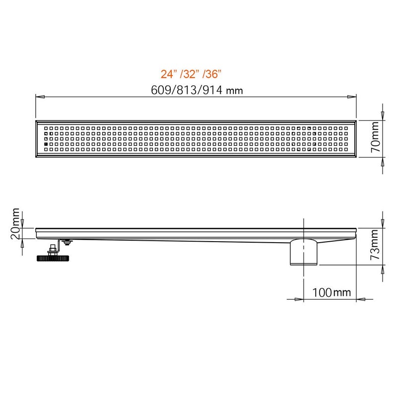 Neodrain 36-Inch Offset Side Outlet Linear Shower Drain with Quadrato Pattern Grate Cover, Brushed 304 Stainless Steel Rectangle Shower Floor Drain, with Leveling Foot, Hair Strainer Catcher - Image 3